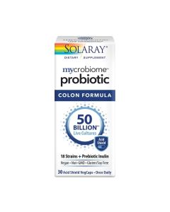 Solaray Mycrobiome™ ProB-18 Colon - mješavina je 18 sòjeva probiotika koji u jednoj VEG-kapsuli osiguravaju 50 milijardi CFU održivih mikroorganizama. Proizvod je u bijelo plavoj kutiji na bijeloj pozadini.