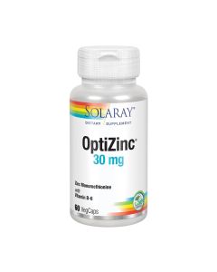 Solaray OptiZinc® - snažnan je patentirani kompleks cinka vezanog na aminokiselinu L-metionin. Proizvod je u bijeloj bočici na bijeloj pozadini.