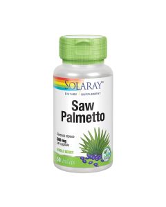 Solaray Saw Palmetto - Berries prikupljeni su iz prirode na području SAD-a. Proizvod je dobiven iz ploda Sabal palma (Serenoa repens). Proizvod je u zeleno srebrnoj bočici na bijeloj pozadini.