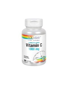 Solaray C 1000 Timed Release - Two Stage Timed Release osigurava 1000 mg vitamina C u jednoj tableti. Proizvod je u srebrno bijeloj bočici na bijeloj pozadini.