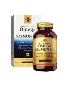SOLGAR Omega Salmon Oil je dodatak prehrani koji u preporučenoj dnevnoj dozi (2 kapsule) sadrži 2400 mg pročišćenog ulja norveškog lososa (200 mg EPA i 215 mg DHA).