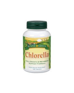 Sunny Green Chlorella -  sadrži staničnu stijenku Zelene alge (Chlorella pyrenoidea) koja osigurava prirodne vitamine, minerale i proteine biljnog porijekla. Proizvod je u zeleno bijeloj bočici na bijeloj pozadini.