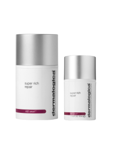 Dermalogica Super Rich Repair - snažna, hranjiva krema koja obnavlja i štiti kronično suhu, dehidriranu i preuranjeno ostarjelu kožu. Proizvodi u bijelim bočicama sa srebrnim čepom na bijeloj pozadini.