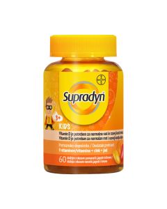 Supradyn Kids Jelly Beans 60 dražeja - energija je dodatak prehrani s kombinacijom 9 vitamina, cinkom i jodom namijenjen djeci od 3 godine nadalje. Žuta bočica dražeja s vitaminima cinkom i jodom za bolji razvoj djece.