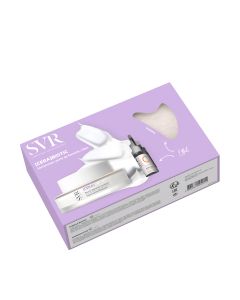 SVR [CERA]BIOTIC SET SVR [CERA]BIOTIC - SVR [CERA]BIOTIC obnavljajući filer balzam 50 ml + SVR [C] ANTI-OX SERUM 10 ml + poklon GUA SHA bijeli žad kamen SET. Ljubičasto bijela kutija promotivnog paketa na bijeloj pozadini.