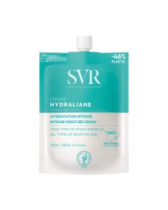 SVR HYDRALIANE krema 50 ml - sadrži 100% prirodnih sastojaka, za umirivanje kože i intenzivnu hidrtataciju tijekom 24 h. Topiva tekstura obavija kožu i štiti ju. Zeleno bijela vrećica proizvoda na bijeloj pozadini.