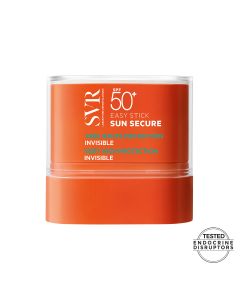 SVR  SUN SECURE nevidljivi stik SPF50+ za zaštitu od sunca 10 g - pruža vrlo visoku dermatološku zaštitu. Praktično pakiranje koje stane u svaki džep ili torbicu. Narančasto bijelo zelena tuba proizvoda na bijeloj pozadini.