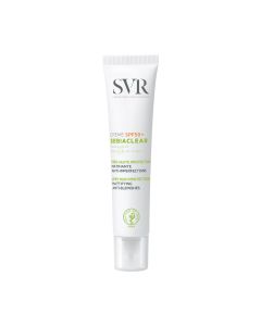 SVR Sebiaclear krema SPF50 za zaštitu mješovite i masne kože od sunca. Uklanja mrlje i mitesere, dugotrajno hidratizira i matira, sprječava stvaranje tamnih mrlja od UV zraka. Bijelo zeleno narančasta tuba proizvoda na bijeloj pozadini.