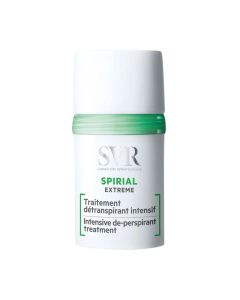 SVR SPIRIAL EXTREME roll-on - Intenzivni tretman protiv znojenja. Regulira znojenje poštujući osjetljivu kožu. Bez mirisa. Bez parabena. Proizvod je u zeleno bijeloj bočici na bijeloj pozadini.