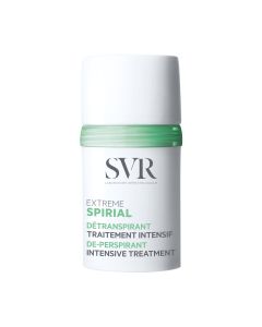 SVR SPIRIAL EXTREME roll-on 20 ml - Intenzivni tretman protiv znojenja. Regulira znojenje poštujući osjetljivu kožu. Bez mirisa. Bez parabena. Bijelo zeleni roll-on na bijeloj pozadini.