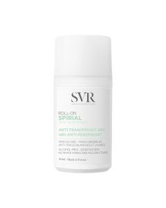 SVR SPIRIAL ROLL-ON dezodorans 50 ml - prilagođen osjetljivoj koži, regulira znojenje tijekom 48 sati, apsorbira znoj i suzbija loše mirise (pazuha). Učinkovito regulira znojenje i brzo se upija. Bijelo zeleni roll-on na bijeloj pozadini.