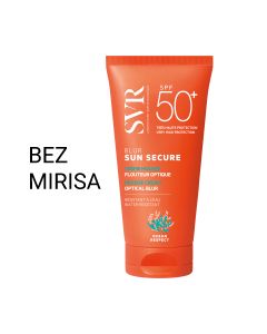 SVR SUN SECURE BLUR krema BEZ MIRISA SPF 50+ za zaštitu od sunca 50 ml - bez mirisa, ova pjenasta krema od marelice trenutačno se topi na koži i postaje nevidljivi zaštitni film. Narančasto bijelo zelena tuba na bijeloj pozadini.