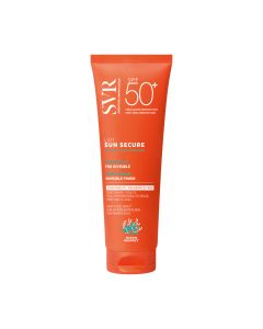 SVR SUN SECURE MLIJEKO BEZ MIRISA SPF50+ za zaštitu od sunca 250 ml - hidratantno mlijeko bez mirisa SPF50+ za bebe, djecu i odrasle. Za lice i tijelo. Narančasto bijela tuba proizvoda na bijeloj pozadini.