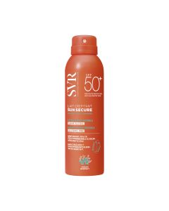 SVR SUN SECURE RASPRŠUJUĆE MLIJEKO SPF50+ za zaštitu od sunca 200 ml - NOVO - Nevidljivo hidratantno raspršujuće mlijeko bez alkohola SPF50+ za djecu i odrasle. Narančasto bijela bočica s špricom na bijeloj pozadini.