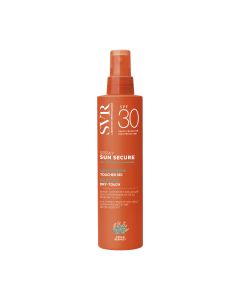 SVR SUN SECURE SPREJ SPF30 za zaštitu od sunca - NOVO 2023 200 ml - nudi visoku zaštitu od sunca u obliku hidratantnog mlijeka u magli s nevidljivim završnim finišem. Narančasto bijela boca s špricom na bijeloj pozadini.