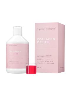 Swedish Collagen Deluxe - Ukupno 15 aktivnih sastojaka koji međusobno djeluju kako bi povećali razinu kolagena u tijelu i spriječili nastanak bora. Rozo bijela bočica i kutija na bijeloj pozadini 500 ml.