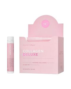 Swedish Collagen Deluxe Shot 20x25 ml - Ukupno 15 aktivnih sastojaka koji međusobno djeluju kako bi povećali razinu kolagena u tijelu i spriječili nastanak bora. Bijelo roza bočica i kutija kolagena na bijeloj pozadini.