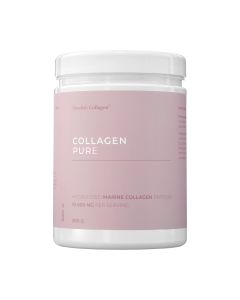 Swedish Collagen Pure 300 g - sadrži kolagen tipa 1 i 3 za vraćanje tonusa i elastičnosti kože, a razvijen je da poveća razinu kolagena i spriječi znakove starenja. Rozo bijela bočica proizvoda na bijeloj pozadini.