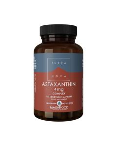 Terranova Astaksantin Astaksantin 50 kapsula - astaksantin ima brojne pozitivne učinke na naš organizam, a trenutno je jedan od najjačih poznatih antioksidansa. Crno smeđe plava bočica proizvoda na bijeloj pozadini.
