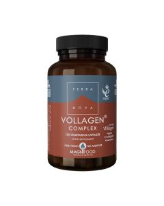 Terranova Vollagen kompleks Vollagen -  Jedina veganska alternativa kolagenu sa svih 18 aminokiselina. Smeđe plava bočica proizvoda na bijeloj pozadini.