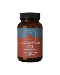 Terranova Alfa-Lipoična kiselina 300 mg - kao dodatak prehrani koristi se za zaštitu stanica od štetnih učinaka oksidativnog stresa, kojem smo izloženi zbog nezdravog načina života. Smeđe sivo crn bočica proizvoda na bijeloj pozadini.