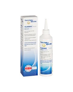 THYMUSKIN Classic serum - prisutni folikuli kose ponovno se aktiviraju, nastaju nove vlasi te se značajno produljuje faza rasta. Bijelo plava kutija i boca proizvoda na bijeloj pozadini.