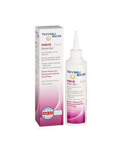 THYMUSKIN FORTE Serum-gel - serum za intenzivno poticanje rasta kose je terapijski preparat iznimne kakvoće, učinkovit i kod vrlo jakog, hereditarnog gubitka kose. Rozo bijela kutija i boca proizvoda na bijeloj pozadini.