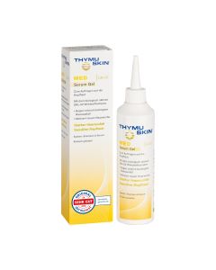 THYMUSKIN MED Serum-gel - kod već vidljivog gubitka kose, te kod seborojičkog vlasišta treba primijeniti Med serum-gel za poticanje rasta kose. Bijelo žuta kutija i boca proizvoda na bijeloj pozadini.