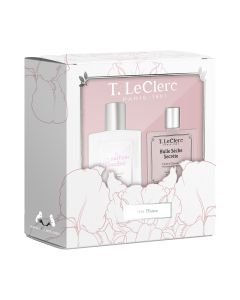 T.LeClerc LE PARFUM POUDRÉ IRIS BLANC + MIRISNO SUHO ULJE - set koji stvara mirisni ritual i daje cvjetni i puderast miris. Bijelo roza kutija seta na bijeloj pozadini.