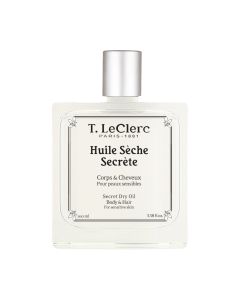 T.LeClerc MIRISNO SUHO ULJE - NOVO! 100 ml -  sastavljeno od mirisa bijelog irisa, mirisno suho ulje hrani kožu i ostavlja prepoznatljiv miris tijekom dana. Bijelo srebrna bočica ulja na bijeloj pozadini.