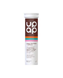 UpAp Instant Recharge Caffeine šumeće tablete 15 komada - jedinstvena kombinacija vitamina i elektrolita, koja omogućuje trenutačno stvaranje energije. Bijelo smeđa tuba proizvoda na bijeloj pozadini.