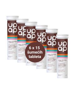 UpAp Instant Recharge Caffeine šumeće tablete 6 x 15 - jedinstvena kombinacija vitamina i elektrolita, koja omogućuje trenutačno stvaranje energije, doprinosi ravnoteži elektrolita. Šest tuba po 15 šumećih tableta pakiranje na bijeloj pozadini.