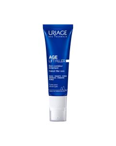 Uriage AGE LIFT instant filler 30 ml - zaglađuje i učvršćuje sve tipove kože [3X manje bora, 3X više čvrstoće] *. Tamno plavo bijela tuba s pumpicom na bijeloj pozadini.