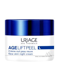 Uriage AGE LIFT PEEL „NEW SKIN“ noćna krema 50 ml - obnavljajuće djelovanje zaglađuje pojavu bora, posvjetljuje ten, pročišćava teksturu kože i smanjuje nepravilnosti. Bijelo tamno plava posudica proizvoda na bijeloj pozadini.