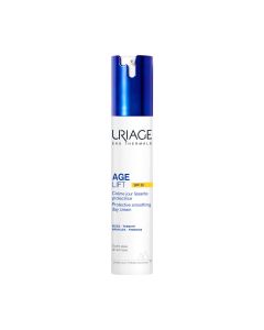 Uriage AGE LIFT učvršćujuća zaglađujuća dnevna krema SPF 30 40 ml - istovremeno djeluje na bore, čvrstoću i na svakodnevne agresije kojima je koža izložena. Bijelo plava bočica s pumpicom na bijeloj pozadini.