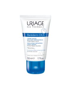 Uriage Bariederm-CICA krema za ruke 50 ml - obnavlja i štiti oštećenu kožu. Krema za zaštitu i njegu suhih ruku. 92% popravlja oštećenja! Bijelo plava tuba proizvoda na bijelo pozadini.