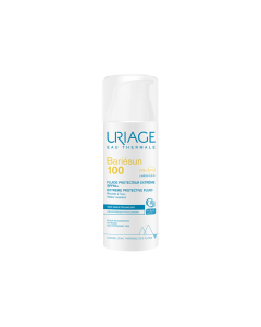 Uriage BARIESUN 100 EXTREME FLUID SPF50+ 50 ml  Bariésun kombinira visokoučinkoviti filterski kompleks i dva dermatološka patenta za ekstremnu zaštitu kože koja je najnetolerantnija na sunce. Proizvod u bijeloj bočici sa pumpicom na bijeloj pozadini.