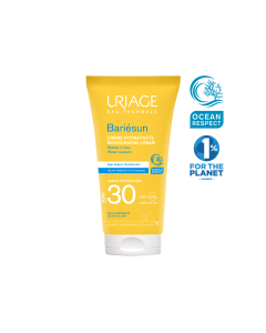 Uriage BARIESUN SPF30 KREMA 50 ml - hidratantna krema za lice Bariésun kombinira visokoučinkoviti filterski kompleks i dva dermatološka patenta za zaštitu kože. Žuto bijelo plava tuba proizvoda na bijeloj pozadini.
