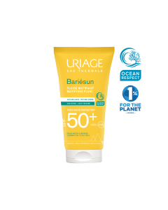 Uriage BARIESUN MAT SPF50+ FLUID 50 ml - novo - Posebno razvijen za mješovitu do masnu kožu, ovaj matirajući fluid pruža vrlo visoku zaštitu od sunca od UVA i UVB zraka. Proizvod u žutoj tubi na bijeloj pozadini.