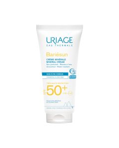 Uriage BARIESUN MINERALNA KREMA SPF50+ 100 ml - posebno dizajnirana za netolerantnu kožu i najkrhkiju kožu, ova nemasna krema brzo prodire i jamči maksimalnu sigurnost i toleranciju. Proizvod je u bijelo plavo žutoj tubi na bijeloj pozadini.