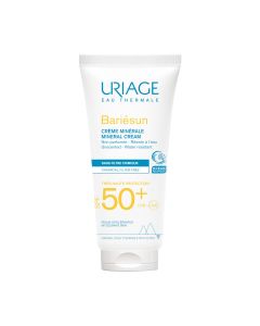 Uriage BARIESUN MINERALNA KREMA SPF50+ 100 ml - posebno dizajnirana za netolerantnu kožu i najkrhkiju kožu, ova nemasna krema brzo prodire i jamči maksimalnu sigurnost i toleranciju. Proizvod je u bijelo plavo žutoj tubi na bijeloj pozadini.