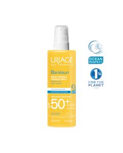 Uriage BARIESUN SPF50+ MLIJEKO SPREJ, 200 ml - Mlijeko sprej s vrlo visokom zaštitom od UVA, UVB zraka i plave svijetlosti. Žuto plava bočica s sprejom proizvoda na bijeloj pozadini.