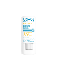 Uriage BARIESUN SPF50+ MINERALNI STIK 8 g - ovaj vrlo visok zaštitni stik posebno je dizajniran za kožu netolerantnu na kemijske filtere, parfeme i konzervanse te za najosjetljiviju kožu. Proizvod u bijelom stiku na bijeloj pozadini.