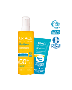 Uriage BARIESUN SPF50+ MLIJEKO SPREJ 200 ml + GRATIS BALZAM NAKON SUNČANJA 50 ml - mlijeko sprej i Gratis umirujući balzam nakon sunčanja za osjetljivu kožu. Vrlo visoka zaštita od UVA, UVB zraka i plave svijetlosti.