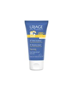 Uriage Bebe PRVA MINERALNA KREMA SPF50+ 50 ml - Fotozaštita s mineralnim filterima nudi maksimalnu toleranciju za osjetljivu kožu male djece. Proizvod u tamno plavoj tubi na bijeloj pozadini.