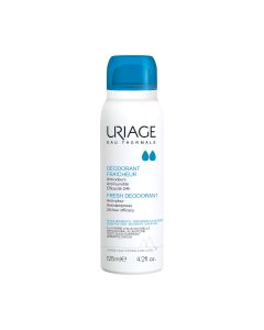 Uriage Deodorant sprej 125 ml - osvježavajući dezodorans bez aluminijevih sol.i Učinkovita zaštita od neugodnih mirisa i znojenja. Učinkovitost tijekom 24 h! Bijelo plava bočica sa špricom na bijeloj pozadini.