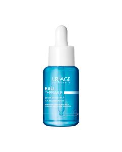 Uriage EAU THERMALE H.A Booster Serum 30 ml - poboljšava kvalitetu kože i vraća joj prirodnu blistavost. Miris bergamota i breskve, s notom đurđice i bazom cedra. Plavo bijela bočica seruma s pipetom na bijeloj pozadini.