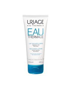 Uriage EAU THERMALE mlijeko za tijelo 200 ml - ultra lagane teksture za suhu i dehidriranu kožu tijela, pruža učinkovitu 24-satnu hidrataciju! Bijelo plava tuba proizvoda na bijeloj pozadini.