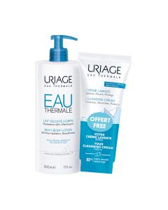 Uriage EAU THERMALE mlijeko za tijelo 500 ml + GRATIS CREME LAVANTE pjenušava emulzija za pranje 200 ml - bijelo plavo pakiranje promotivnog paketa na bijeloj pozadini.