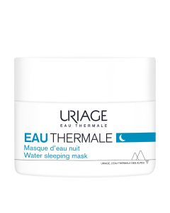 Uriage EAU THERMALE noćna maska 50 ml - za hidrataciju kože lica. Pružite svojoj koži pravu «termalnu kupku»! 58% VEĆA HIDRATACIJA NAKON 8H SNA. Bijelo plava posudica maske na bijeloj pozadini.